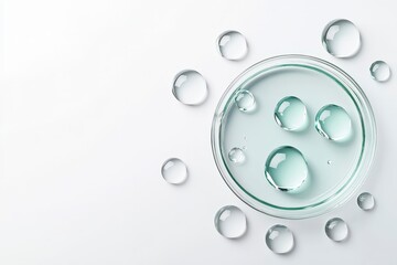 Light teal serum gel in petri dish. Clear drops on white background. Top view. Fresh clean look. Perfect for skincare product ad lab experiment graphic. Cosmetic product presentation.