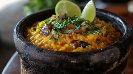 Peruvian paella with aji amarillo-infused rice, fresh lime wedges, served in a rustic clay dish