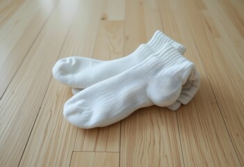 pair of folded white ribbed socks on wooden floor