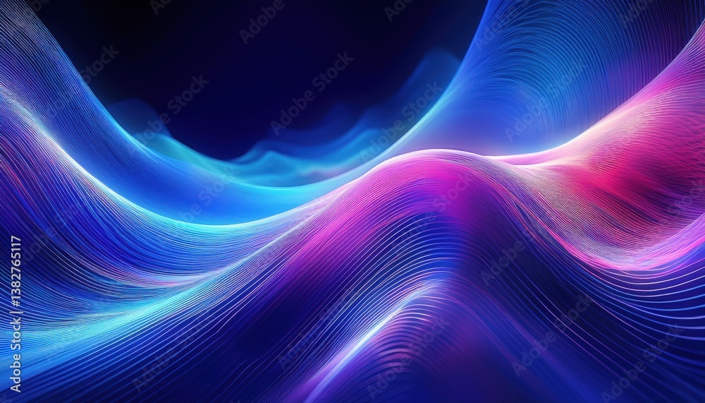 Poster futuristic neon wave landscape with glowing abstract lines, digital light art background for technol