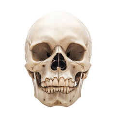 Obraz premium A front facing view of a human skull with visible teeth and eye sockets on a transparent background