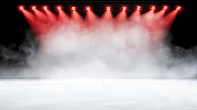 Red neon lights illuminate empty ice rink arena. Pro hockey arena glows under intense red spotlights. Smoke fills air. Winter sports competition backdrop. Perfect for winter poster - Powered by Adobe