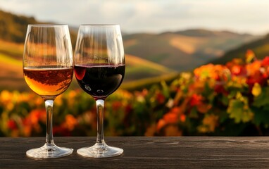 Tasting of Portuguese port wine in Douro Valley. Two glasses of wine stand on table outdoors with autumnal vineyards in background. Wine tasting experience in scenic winery. Colorful autumn