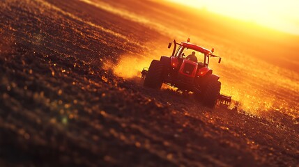 Fototapeta premium Red tractor harvesting crops wallpaper