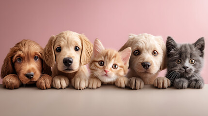 Cute pets peeking over edge studio portrait of puppies and kittens soft shadows on pastel background