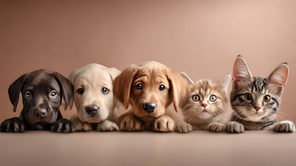 Adorable pets lineup puppies and kittens peeking over table studio portrait with soft shadows and pastel background