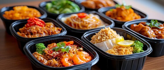 Variety of modern Thai food portions in black plastic take away containers. Healthy meal solutions for lunch dinner. Food looks fresh ready to eat. Image suitable for food delivery