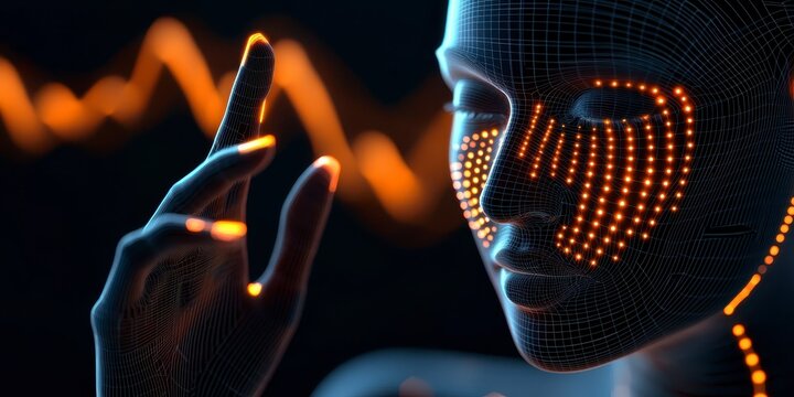 Virtual assistant generates voice as sound wave visualization. AI based virtual assistant shows human face in wireframe style with glowing orange data points. Sound waves visible in - Powered by Adobe