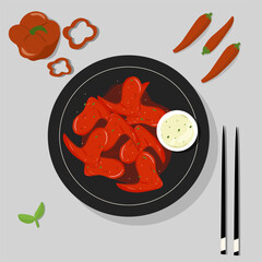 Korean food spicy chicken wings with onion sauce or cream vector ilustration food plate 