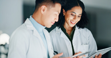 Tablet, research and scientists in laboratory at night for medical discussion with pharmaceutical discovery. Meeting, digital technology and science team with online report for healthcare innovation.