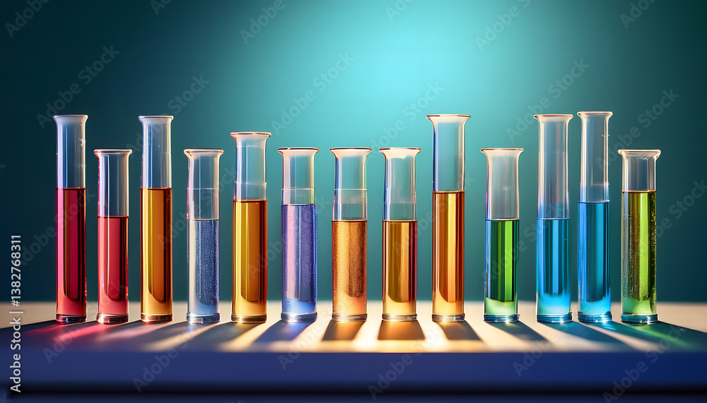 Poster Colorful test tubes filled with various liquids arranged in a row, casting shadows against a softly lit background