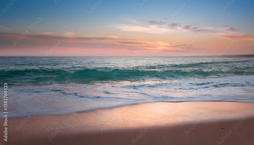 Aufkleber serene beach scene at sunset with gentle waves and a colorful sky reflecting on the water