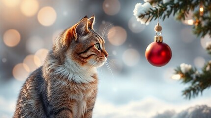 Closeup to cat looking at Christmas bauble on tree on bokeh background