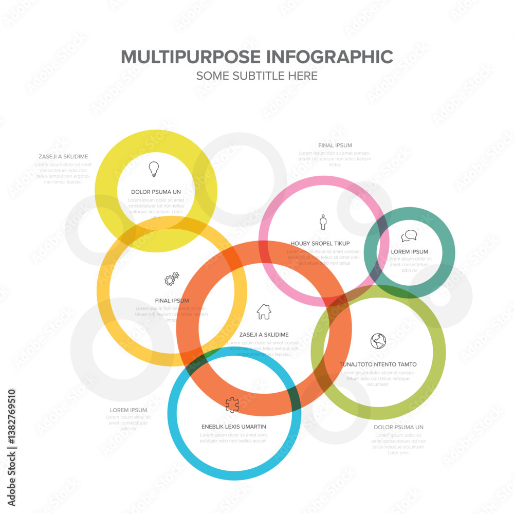 Poster a multipurpose infographic with overlapping colorful circles and icons, perfect for visualizing data