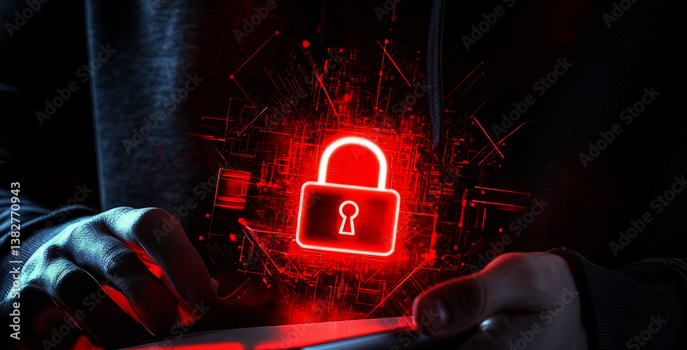 Poster hacker in a black hoodie with a digital padlock and code on a dark background, a security concept.