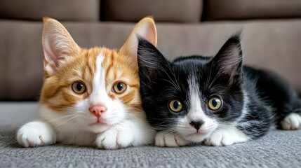 Two Playful Kittens One Ginger and One Black Resting Together on Soft Gray Carpet
