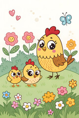 Obraz premium A mother chicken and her two chicks are surrounded by flowers and hearts