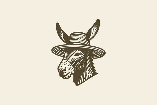 Donkey head wearing straw hat vintage monochrome vector sketch