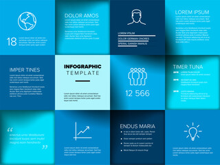 A modern infographic template featuring a blue grid layout with text boxes, icons, and statistics. Perfect for presenting data, business insights, or summary reports in a professional style.