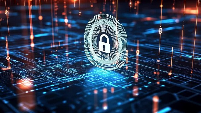 Glowing digital lock securing sensitive information on a futuristic circuit board, symbolizing strong cyber security with binary code cascading, reflecting constant data flow