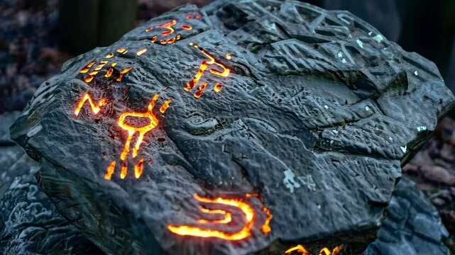 The rock features ancient carvings glowing softly in the dim light of twilight, surrounded by a serene forest environment, inviting curiosity and exploration.