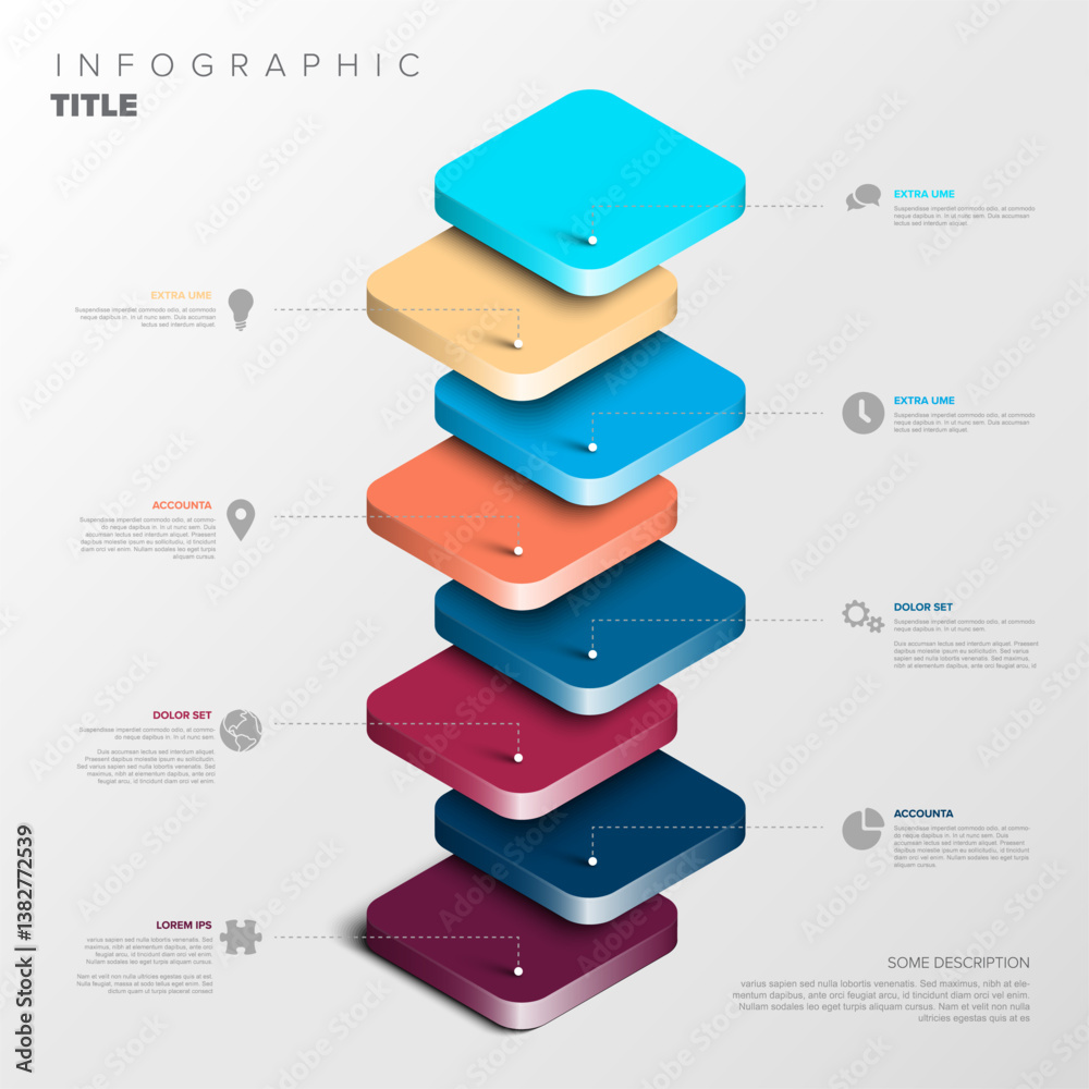 Poster a vibrant 3d infographic features stacked colored layers with descriptive text and icons. the design
