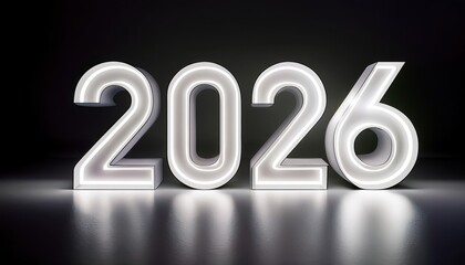 minimalist illuminated 2026 typography on black background, futuristic glowing white numbers, modern new year celebration design

