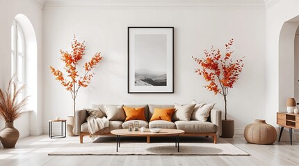 Vertical wall art with black frame on white wall, white sofa, green plants and natural light and shadow from window, autumn decor