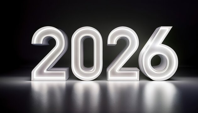 minimalist illuminated 2026 typography on black background, futuristic glowing white numbers, modern new year celebration design

