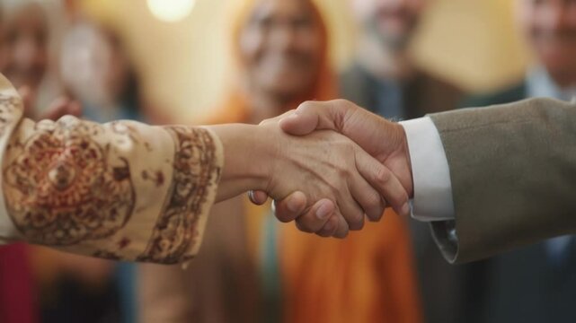 A closeup of a politician shaking hands with a group of constituents each representing different ethnic backgrounds. The scene conveys warmth and camaraderie with smiles and open body