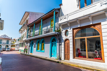 A view up a colourful street in old Panama City in the early morning in springtime
