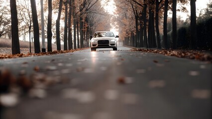 Autumn road trip adventure serene forest path photography tranquil environment low angle view travel inspiration