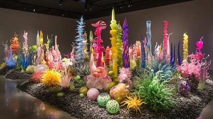 Fototapeta premium Vibrant glass sculptures in a dark gallery setting, resembling a whimsical underwater or garden scene.