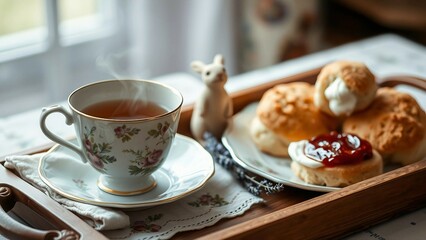 Fototapeta premium A delightful breakfast arrangement featuring a cup of tea, crumpets with jam and cream, and an ornamental decor element, creating a serene and inviting ambiance.