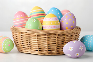 Wicker basket filled with decorated Easter eggs with white background