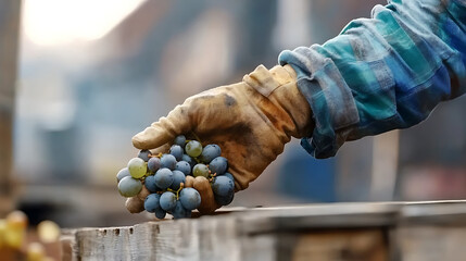 Obraz premium A gloved hand holding freshly picked grapes over a wooden crate shirt sleeve visible.