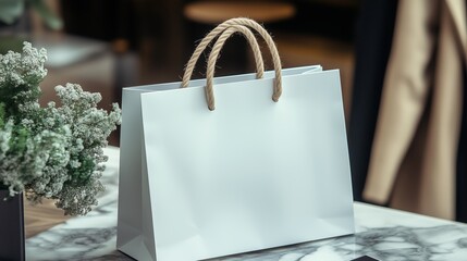 Stylish white shopping bag on marble table with greenery in trendy store setting