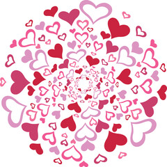 Circle full of hearts, color. Vector illustration made with red heart silhouettes on a white background filling a circular shape.