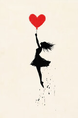 Girl Dancing with Red Heart Balloon - Hand Drawn Silhouette on Vintage Background