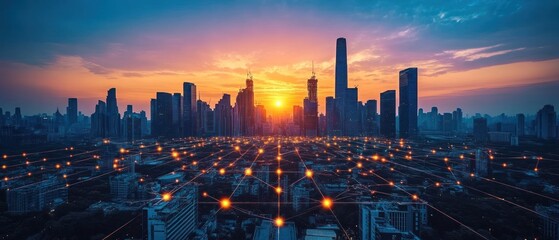Fototapeta premium Smart City at Sunset: A Network of Innovation