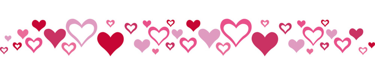 Linear border made with many hearts, color. Vector illustration made with red heart silhouettes on a white background creating a linear border.