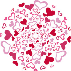 Circle full of hearts, color. Vector illustration made with red heart silhouettes on a white background filling a circular shape.