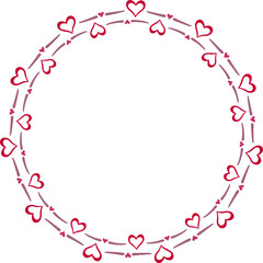 Circular border made with two rows of hearts, color. Vector illustration made with red heart silhouettes on a white background creating a circular border.