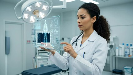 Female doctor using holographic medical futuristic digital interface - Powered by Adobe