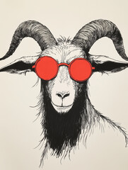 Horned Goat with Round Red Sunglasses - Black and White Ink Drawing with Color Accent