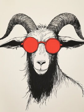 Horned Goat with Round Red Sunglasses - Black and White Ink Drawing with Color Accent