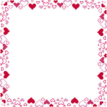 Square border made with many small hearts, color. Vector illustration made with red heart silhouettes on a white background creating a square border.