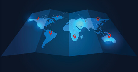 GPS positioning system in the global. Image pin GPS with a world map. world map travel map plane. vector illustration EPS 10.