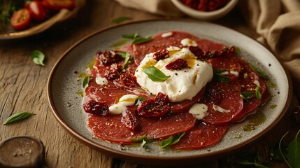 Italian carpaccio with burrata and sun-dried tomatoes, warm Tuscan countryside backdrop