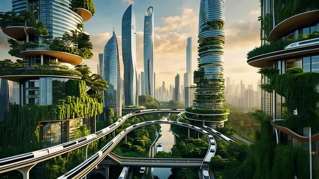Futuristic eco-city with vertical gardens, sustainable skyscrapers, and elevated transit systems in morning sunlight

